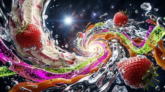 Cosmic Mercury-Strawberry Singularity with Liquid Metal Vortex. A high-energy 3D abstract illustration of a Cosmic Mercury-Berry Singularity. Giant, hyper-detailed strawberries and thick flows 