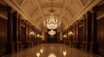 Obraz premium Grand elegant classical hall with opulent crystal chandeliers and ornate architecture creating a luxurious illuminated ambiance.