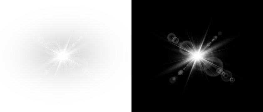 Yellow star flashed with sparkles sun isolated on white background. Soft glow without departing rays, sunlight with lens flare effect. PNG vector light effect.