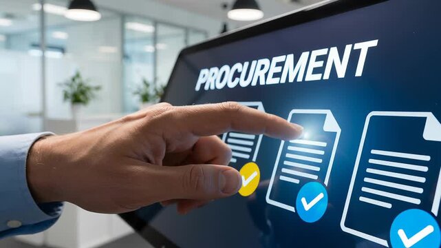 Digital procurement deals contract management invoice document on touchscreen interface showing business process interaction in office display