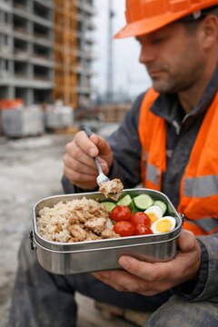 Construction worker enjoying healthy lunch with rice, tuna, and vegetables at job site