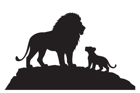 Silhouette of a majestic male lion and his young cub standing on a rocky outcrop.