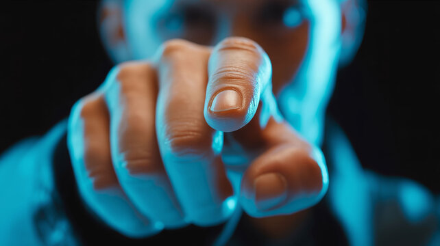 Hand Pointing at Camera &ndash; User Interface Touch Gesture on Dark Background