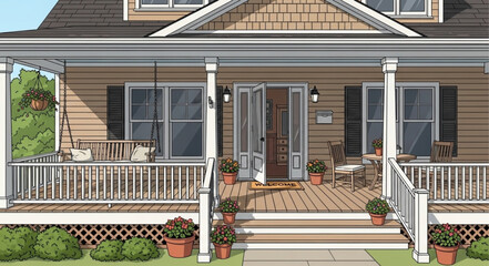 Charming house front porch with inviting entrance and welcoming design.