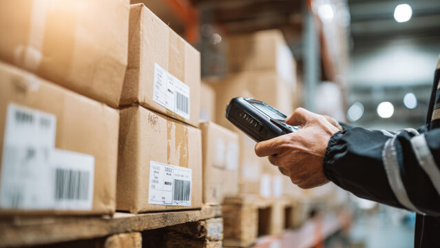 A warehouse quality inspector scanning barcode on goods. Concept of logistics and inventory control.