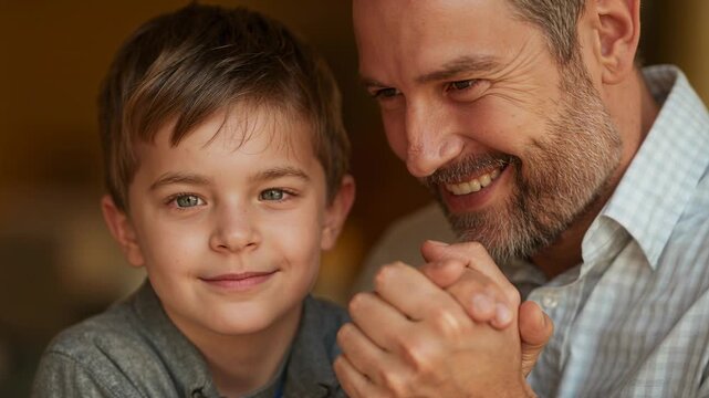 Clapping father leaning in, urging son softening grin to smile at home, with checkshirt and hands