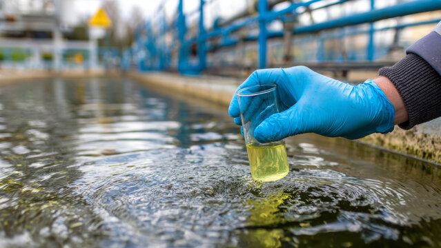 A sewage treatment plant operator testing water sample. Concept of environmental engineering.