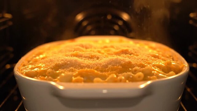 A baking dish with mac and cheese is inside an oven, heated, bubbling, with cheese topping. Steam rises as it cooks, indicating a warm, cheesy dish. The scene shows the dish baking, with golden chees