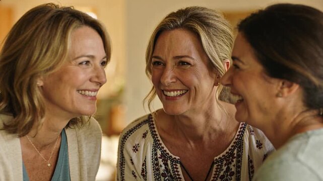 Laughing three middle-aged women sharing joke at home, wearing casual tops and pendant visible