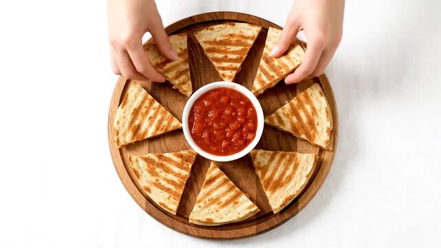 A sequence of images shows a person preparing and serving toasted sandwiches with a bowl of tomato-based dip or salsa, arranged on a wooden tray, over white background. The person slices bread, arran