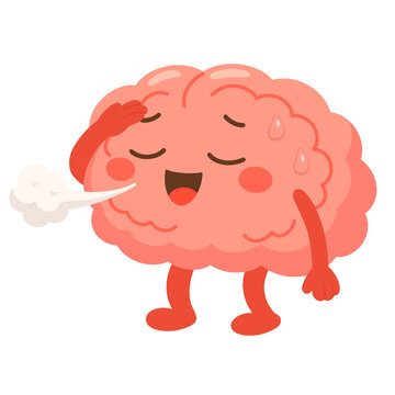 Cartoon illustration of Relieved Brain Sighing Phew, Exhaling Breathe and Wiping Sweat
