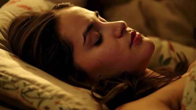 Breathing adult woman resting in pjs and choker, shifting head on bed with patterned pillow duvet