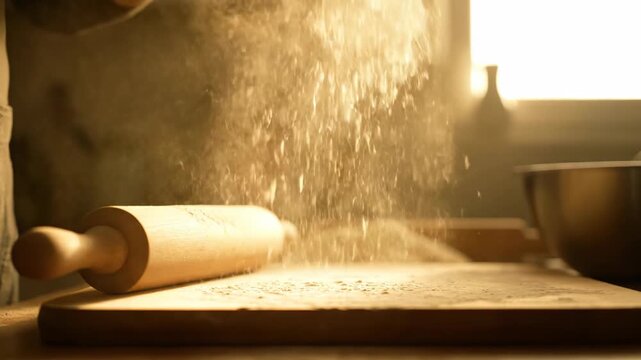 Baking preparation: person sprinkling flour with rolling pin on wooden board in kitchen, home baking.