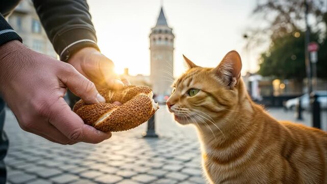Curious cat enjoys tasty simit during golden hour in bustling urban square