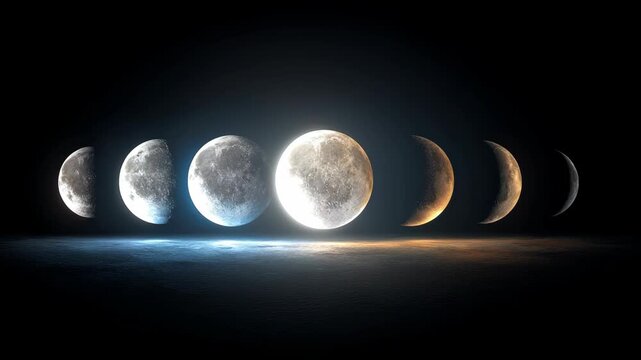 Phases of the Moon Displayed in Dark Atmosphere with Mystical Lighting Effect