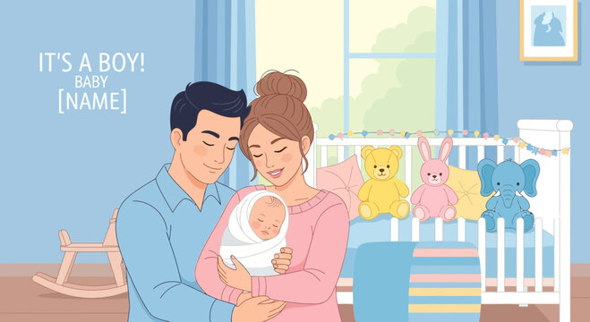 Young parents lovingly holding their newborn baby boy.