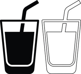 Obraz premium Minimalist black and white drinking glass icon set with a straw and cold liquid beverage for cafe menu design, fresh summer juice bar branding, and restaurant soda signs.