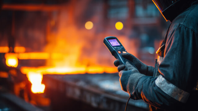 A metal foundry worker checking molten metal temperature with infrared thermometer.