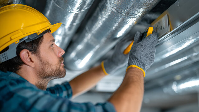 HVAC technician measuring airflow from ventilation.
