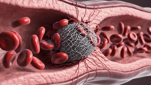 Medical animation showing blood clot formation in human blood vessel during injury