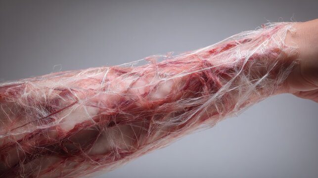 Detailed macro view of a human forearm tendon under strain, showcasing intricate tissue fibers and anatomical structure.
