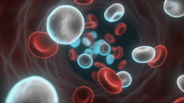 Explore the inner workings of human blood vessels with red and white blood cells flowing smoothly
