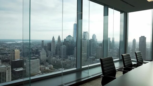 Conference room with skyline view. Modern architecture, business meeting space overlooking the city skyline and buildings in New York City.