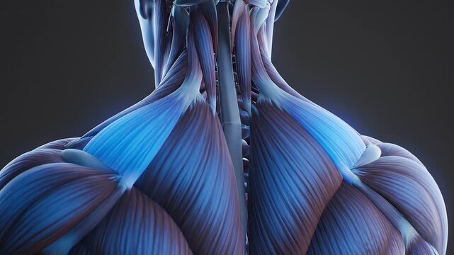 Muscle tension shown in red and orange on human upper body silhouette back view with heatmap effect