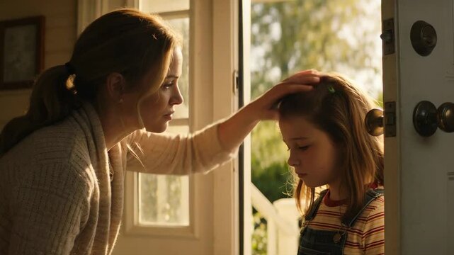 Seeing girl looking down, mother placing hand on head, comforting in doorway, cardigan and overalls