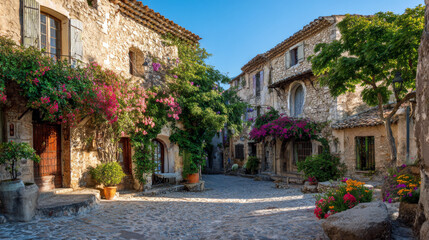 Fototapeta premium Travel photo of a traditional Provence village with stone houses, flowers and clear sky