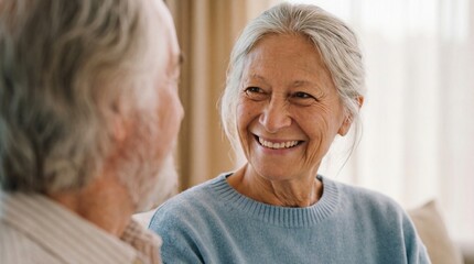 Two older adults share a conversation in a bright living room during the afternoon light with smiles and attentive expressions while sitting close together