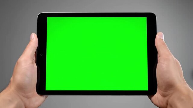 Hands holding tablet with green screen for customizable content display