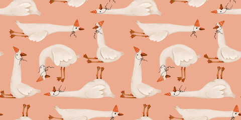 Hand drawn cute geese with party hats and festive elements seamless pattern for nursery decor kids room wallpaper textile fabric wrapping paper and baby products © Ilona