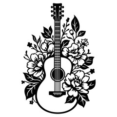 Acoustic Guitar Silhouette With Artistic Floral Patterns, Elegant Musical Instrument Design For Creative Crafts, Ornate Flower Arrangements With Guitar Elements