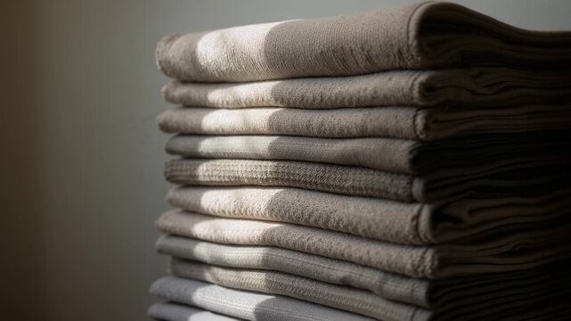Shifting sunlight crossing folded towel stack on shelf through window, revealing seams, copy space