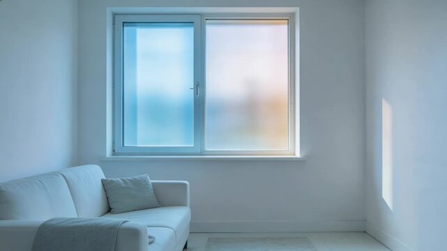 Sun moving, frosted window and sofa showing shifting sunlight in room corner, casting patch on wall