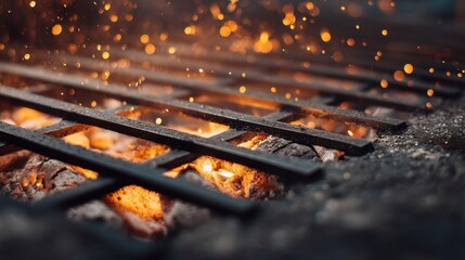 Empty barbecue grill with glowing hot charcoal and flying fiery sparks. Ready for outdoor summer cooking and a backyard party.