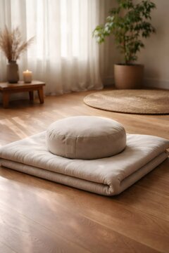 Comfortable zafu meditation cushion on a zabuton mat in a sunlit wooden room, creating a calm, cozy space for mindfulness practice, relaxation and inner peace