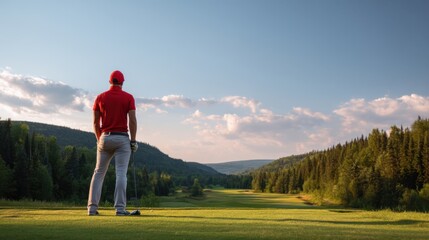 Obraz premium Man golfer stands on golf course looking across the fairway with trees under a blue sky, concept for sport and recreation.