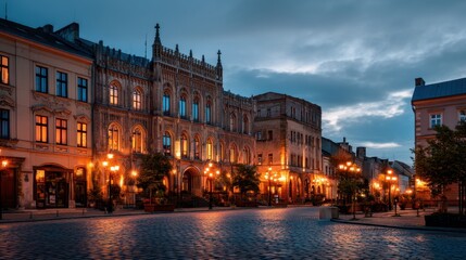Obraz premium Illuminated old town street with historic buildings at twilight. European city lights at dusk. Atmospheric nightscape for travel, tourism.