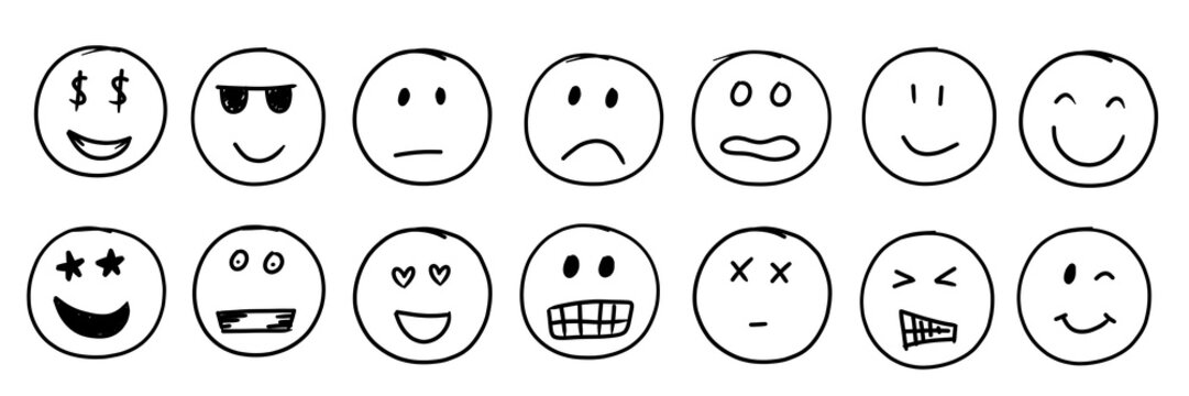 black hand-drawn set of various emotional face, smiley emojies isolated on white or transparent png