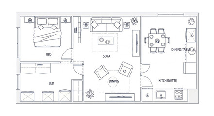 Detailed floor plan of a modern apartment with furniture layout and design.