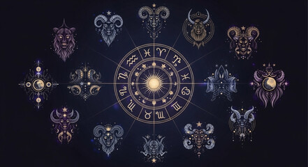 Intricate Zodiac Wheel Depicting Astrological Signs and Celestial Symbols. © Rifni