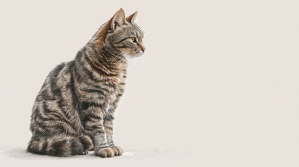 Fototapeta premium Sitting tabby cat looking right isolated on a neutral background. Domestic animal pet for banner, poster, or greeting card design.