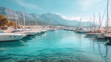 Obraz premium Boat parking in the port on a sunny day. Marine transport in a harbor. Travel and tourism concept. Landscape for summer vacation.
