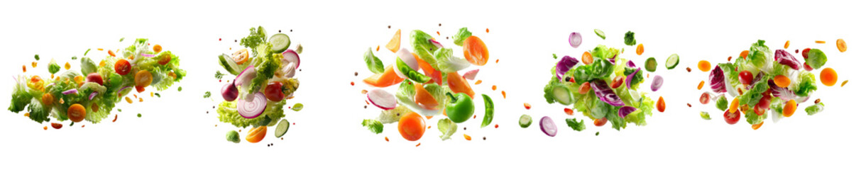Obraz premium Fresh vegetable salad ingredients flying isolated on transparent background