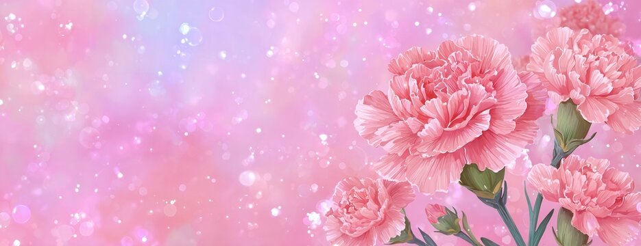 Hermosos claveles rosas sobre un fondo m&aacute;gico con destellos y luces bokeh, ideal para tarjetas de felicitaci&oacute;n y dise&ntilde;os rom&aacute;nticos elegantes.
