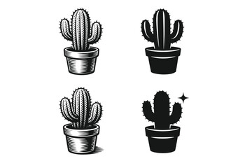 Set of four black and white cactus illustrations in pots with differen