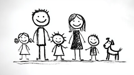 Childlike Family Drawing with Dog on White