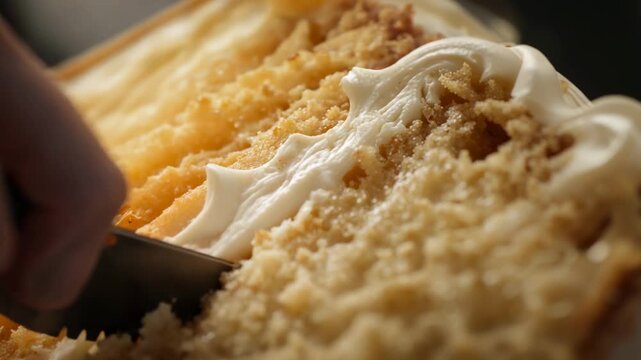 Contacting serrated knife tip, hand sawing and cutting layered frosted cake on table, serving